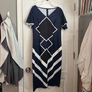 Plus size black blue white geometric v neck fitted dress L